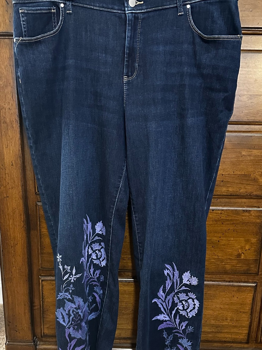 Chico's Dark Blue Straight-Leg Jeans with Lavender Floral Embroidery